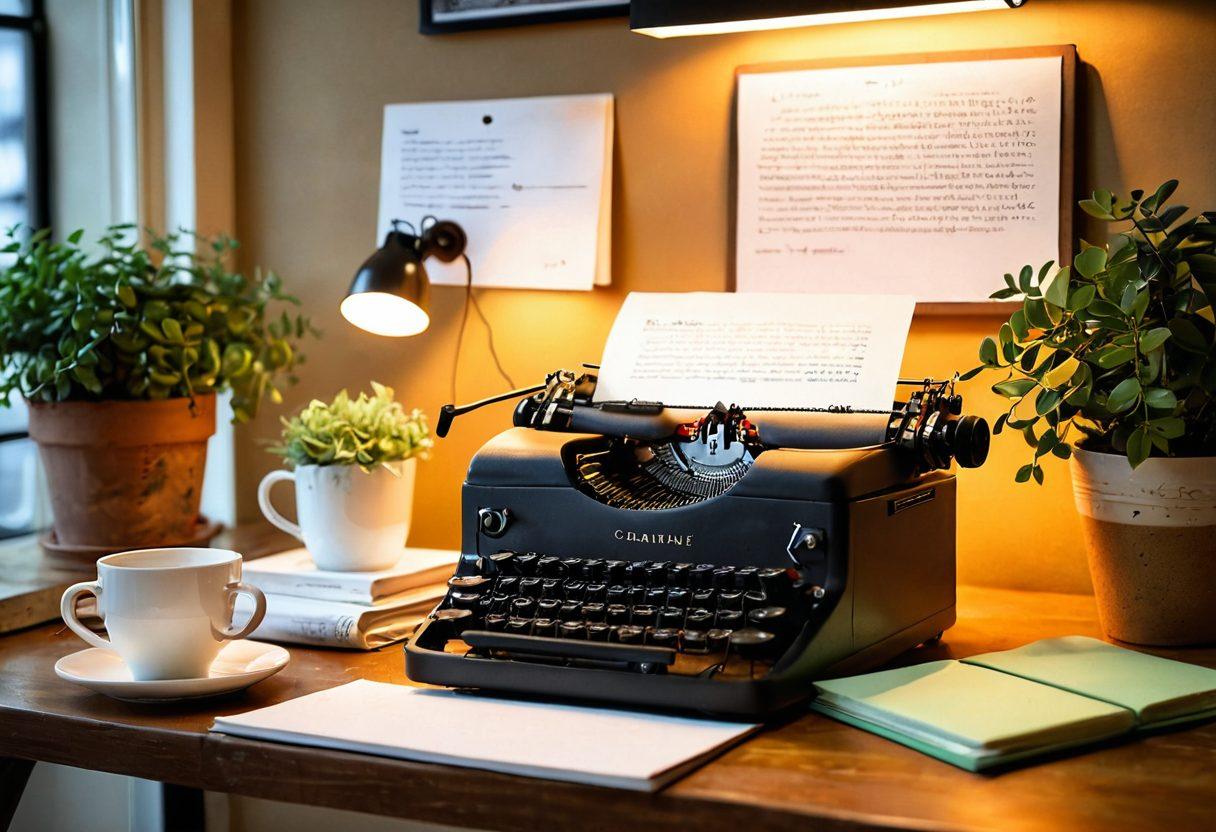 A captivating workspace filled with a vintage typewriter, scattered notes, a glowing laptop, and a steaming cup of coffee, all under warm, inviting lighting. In the background, a corkboard displays pinned ideas and inspirational quotes. A hint of greenery from a nearby plant adds freshness to the scene. The mood reflects creativity and digital engagement. super-realistic. warm colors. cozy atmosphere.
