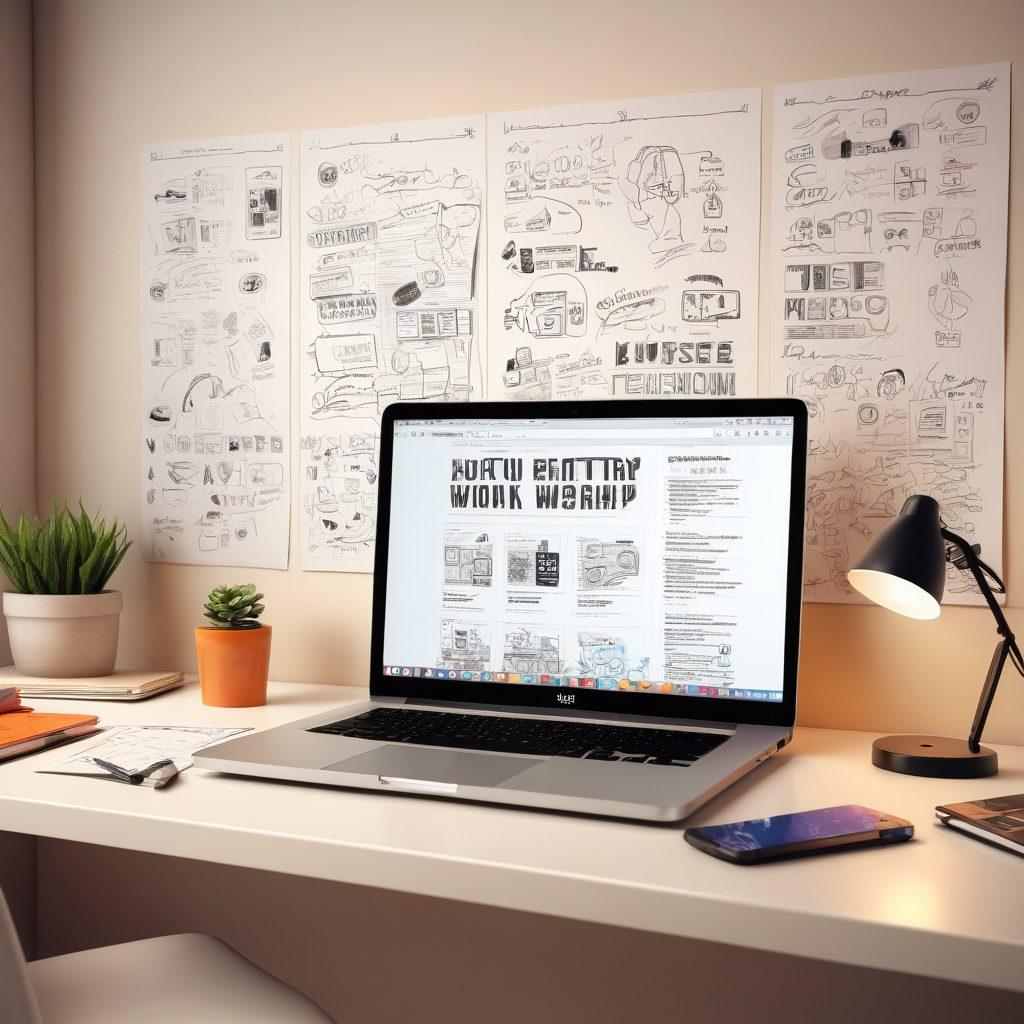 A sleek, modern workspace featuring a designer's desk with sketches of adult media website layouts and vibrant content sharing icons floating around. A laptop shows an open website design software, surrounded by motivational quotes on the wall about creativity and challenges. Soft lighting creates an inviting atmosphere with elements of technology and art. vibrant colors. super-realistic. 3D.